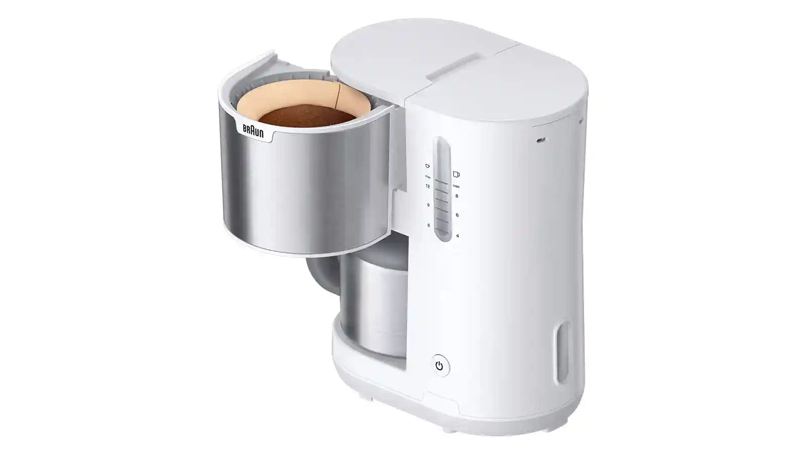 Braun PurShine KF1505 WH, Coffee Machine with Filter, 1.2L, Stainless Steel, up to 10 Cups, OptiBrew System, Anti-drip Function, Swivel Filter, Automatic Shutdown, 1000W, Silver