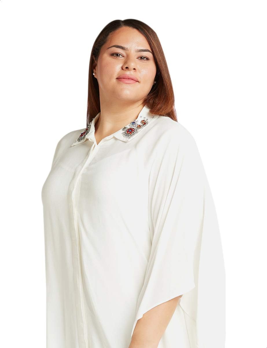 Splash Plain Asymmetrical Hem Concealed Placket Shirt Neck Viscose Blouse For Women.
