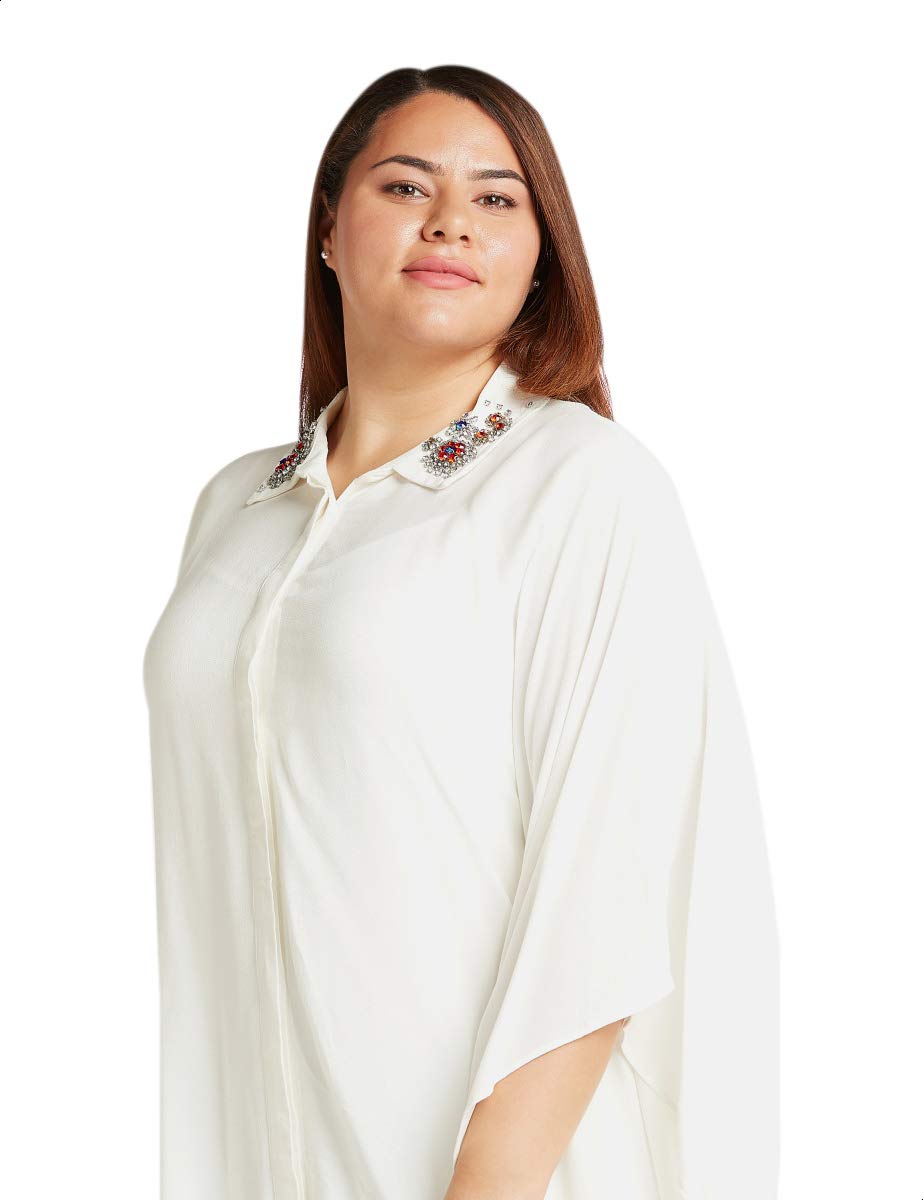Splash Plain Asymmetrical Hem Concealed Placket Shirt Neck Viscose Blouse For Women.