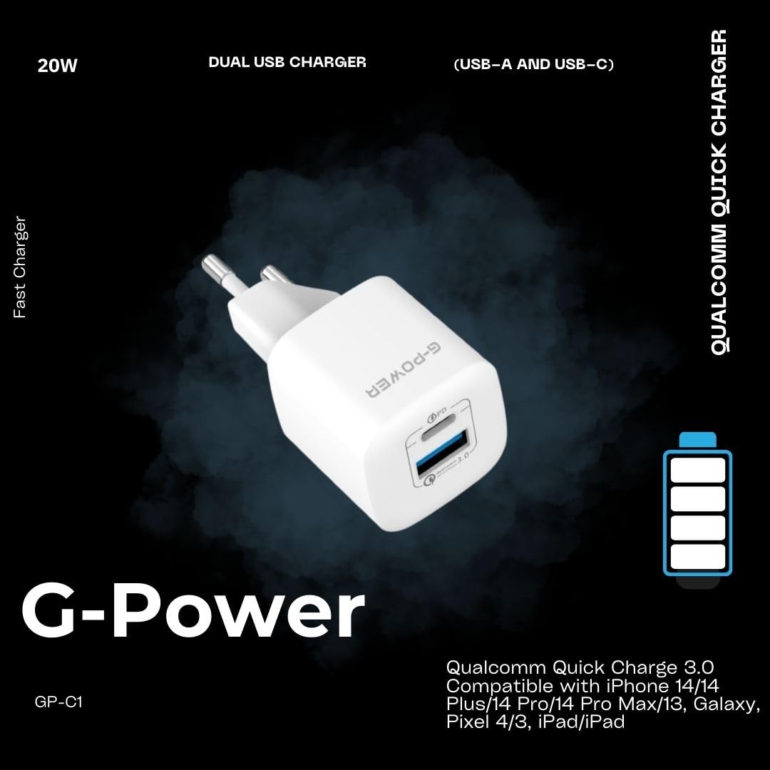 G-Power GP-C1 20W Dual USB Charger (USB-A and Usb-C) Qualcomm Quick Charge 3.0 Compatible with iPhone 14/14 Plus/14 Pro/14 Pro Max/13, Galaxy, Pixel 4/3, iPad/iPad - White
