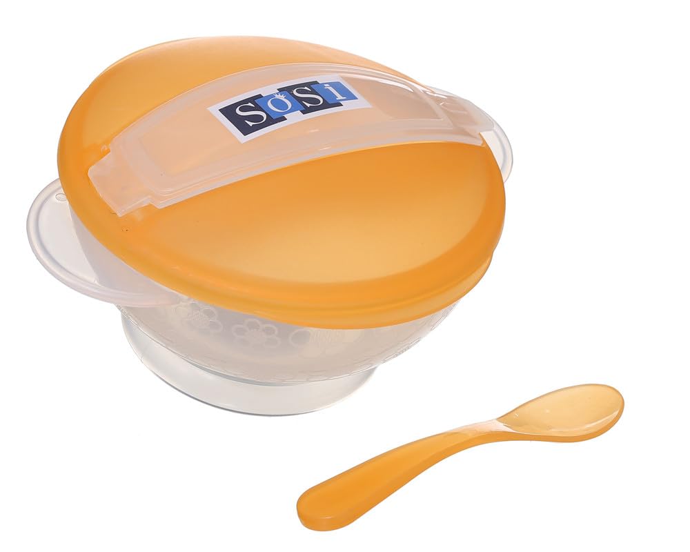 طقم الطعام البلاستيكي للأطفال مع غطاء (قطعتان – طبق + ملعقة) باللون البرتقالي مصمم لجعل وقت الطعام ممتعًا وسهل الاستخدام.