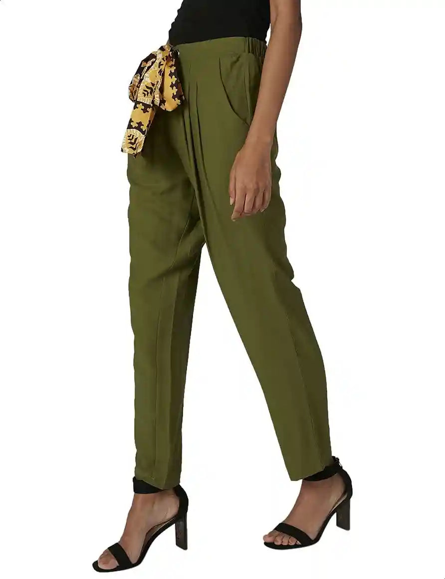 High Elastic Waist Straight-Fit Pants for Women - Olive, XL - Safqqa Egypt