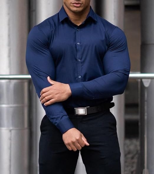 EOUOSS Men Slim Fit Dress Shirt Navy Long Sleeve Stretch Casual Shirt – Safqqa Egypt