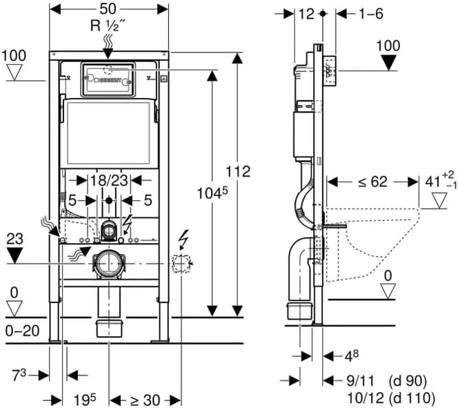 إطار مرحاض حائطي من Geberit Duofix 458103001 - ارتفاع 112 سم، مع خزان مخفي Alpha