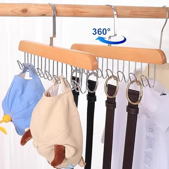 See Ever 1 pcs Wooden Hangers for Wooden Belt Hanger for Tie 8 Hooks Adjustable Closet Hangers Lingerie Belt Scarf Tie Storage Racks Foldable Hooks Wood Hanger Wardrobe Organizers for Men Women (Without Box)