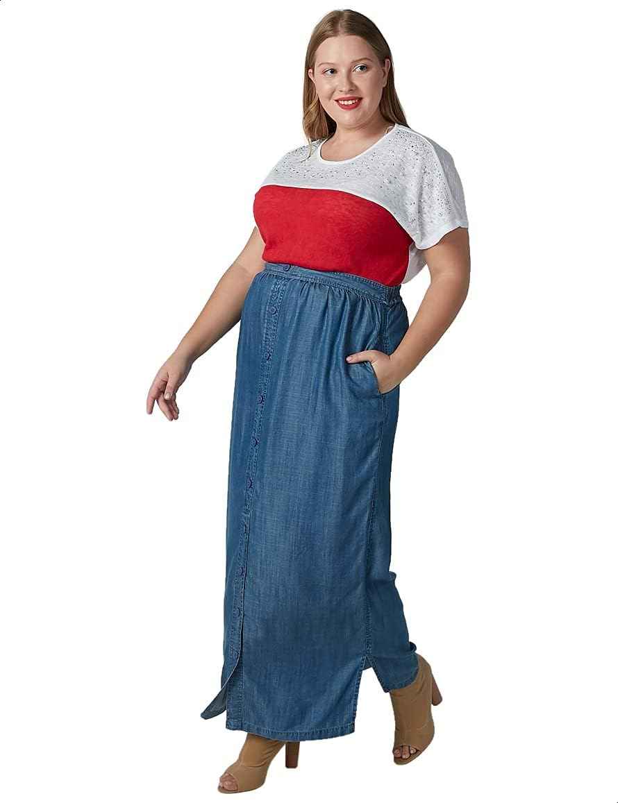 Splash Side Pockets Maxi Straight-Cut Denim Skirt for Women