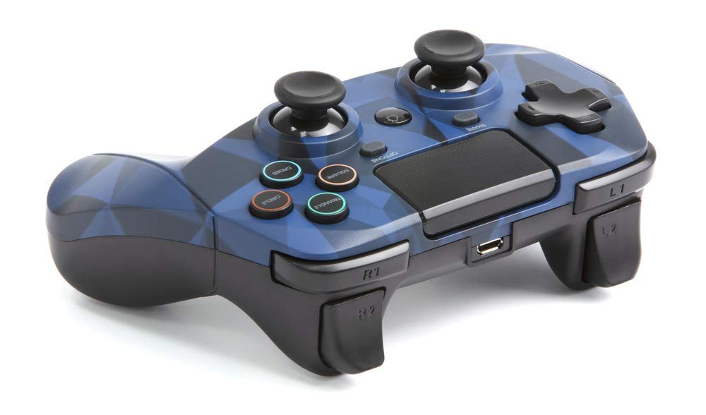 وحدة تحكم سلكية لاسلكية سنيك بايت للـ PS4 – خالية من التأخير، مدخل صوت 3.5 مم، مستشعرات حركة، اهتزاز مزدوج، 6 محاور، تصميم مريح، وظائف قابلة للبرمجة – تمويه أزرق