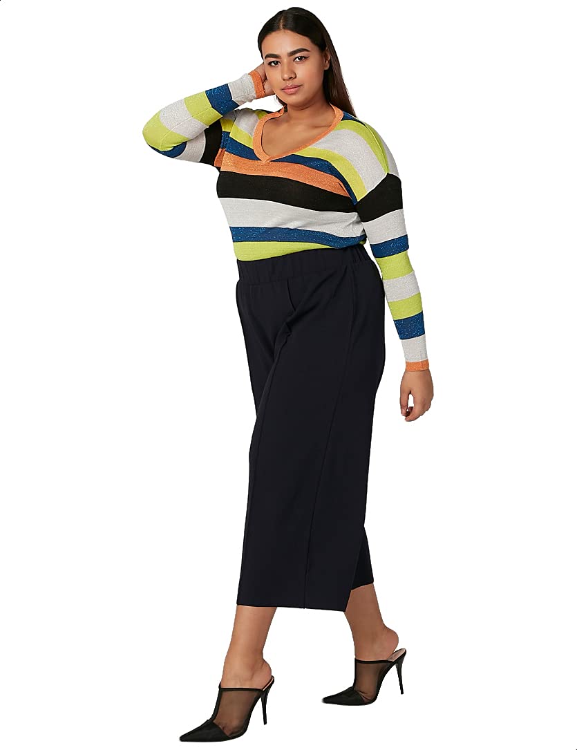 Splash Striped Side Slits Long Sleeves V Neck Top for Women