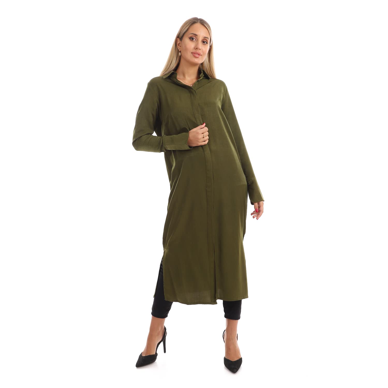 Jamila Women long sleeves soft satin buttoned shirt dress