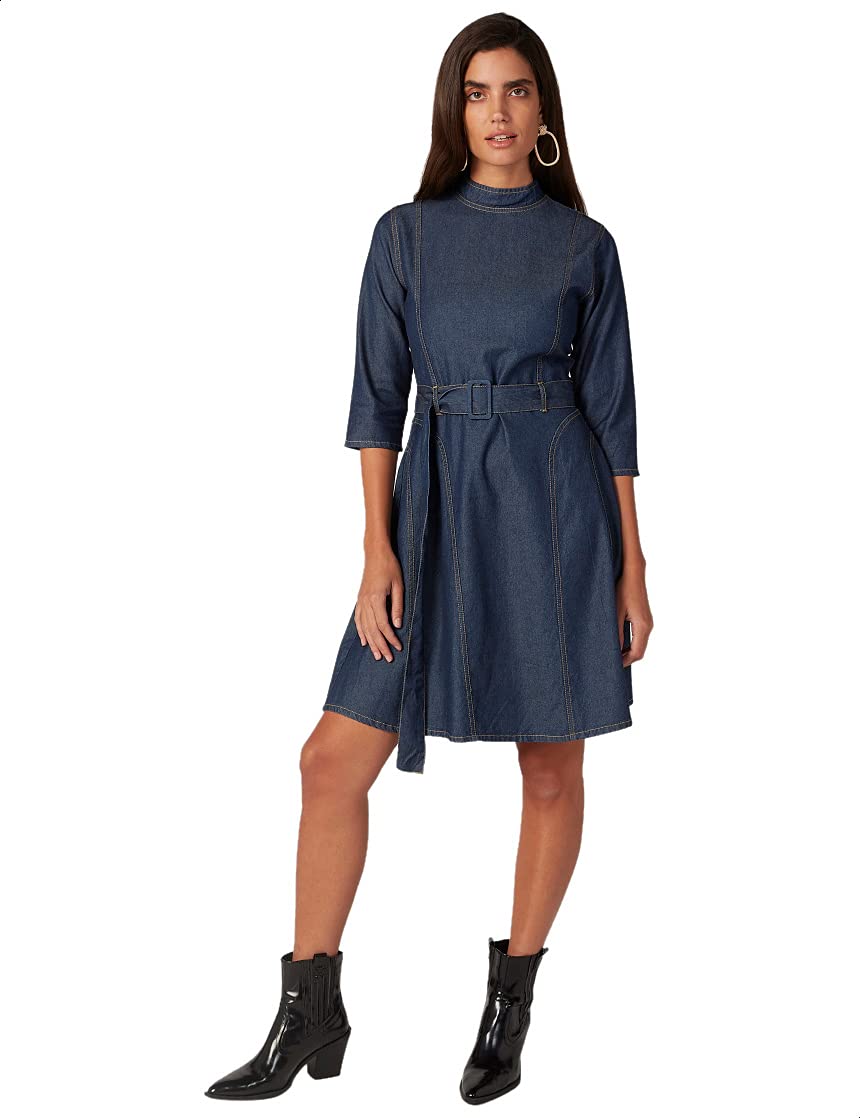 Splash Plain Waist Belt Three Quarter High Neck Denim Dress for Women M