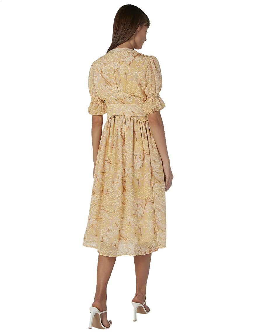 فستان نسائي 2Xtremz بنمط زهور بأكمام قصيرة وياقة على شكل V مع حزام مقاس L