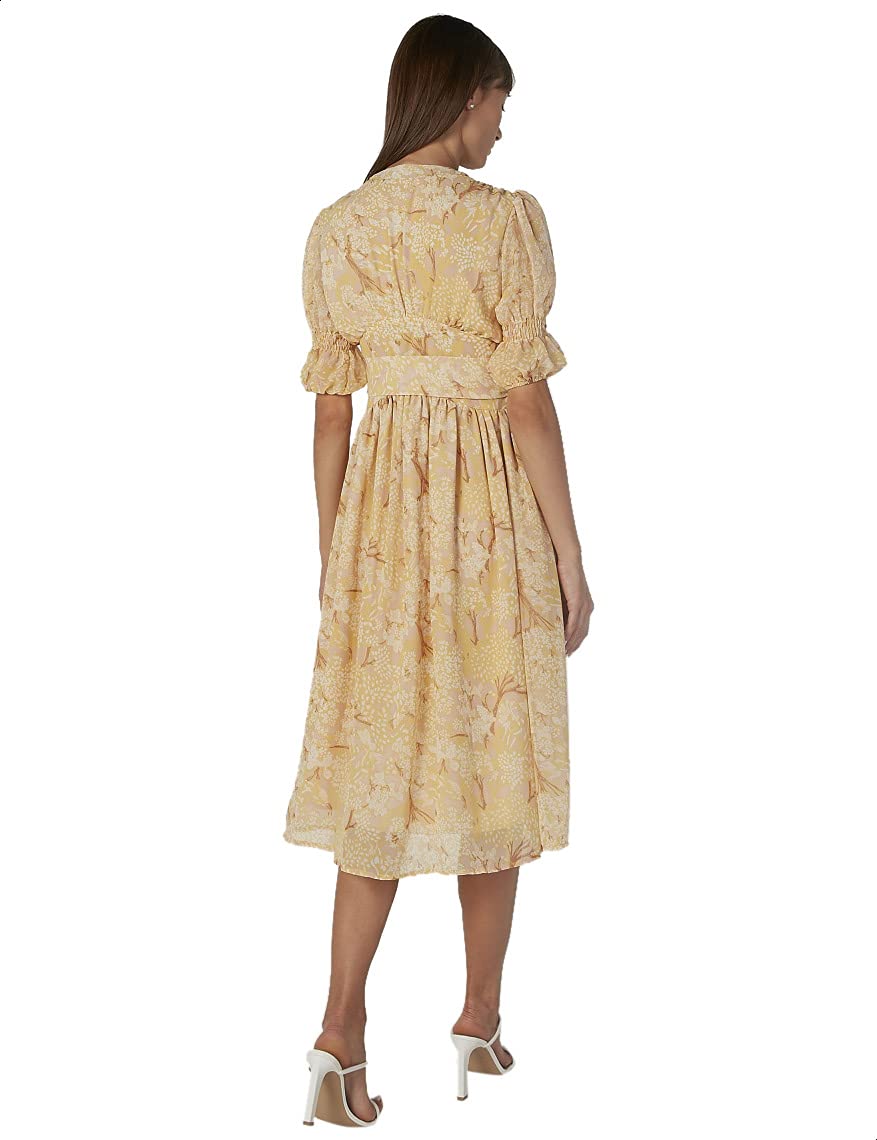 فستان نسائي 2Xtremz بنمط زهور بأكمام قصيرة وياقة على شكل V مع حزام مقاس L