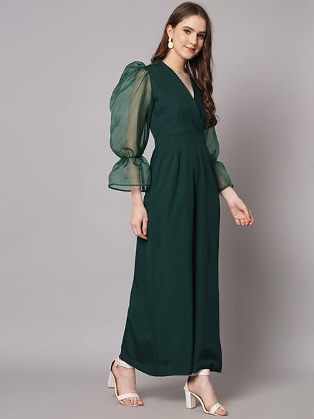 Styleville.in Women’s Wide Leg Jumpsuit Organza Sleeve Green – Safqqa Egypt