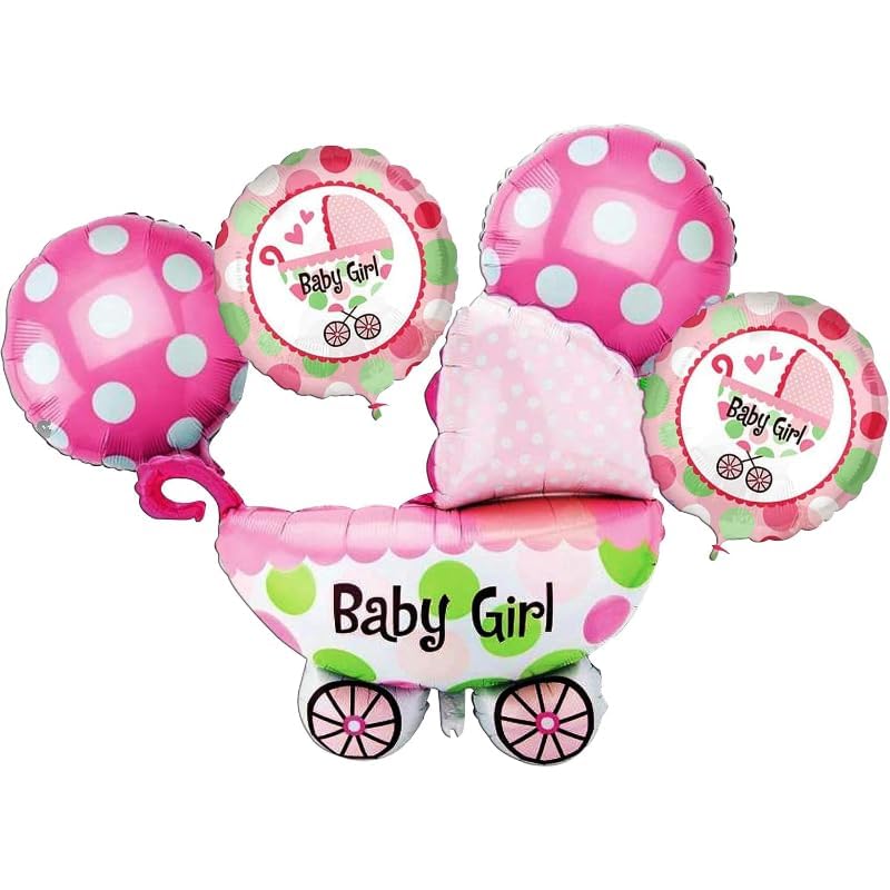 بالونات فويل على شكل سرير للأطفال وطبعة أشكال متعددة تملأ بالهواء أو الهيليوم تتضمن شفاطة‎ لسهولة التعبئة وشريط ساتان مصممة خصيصا لحفلات استقبال المولود الجديد من 5 قطع - الألوان