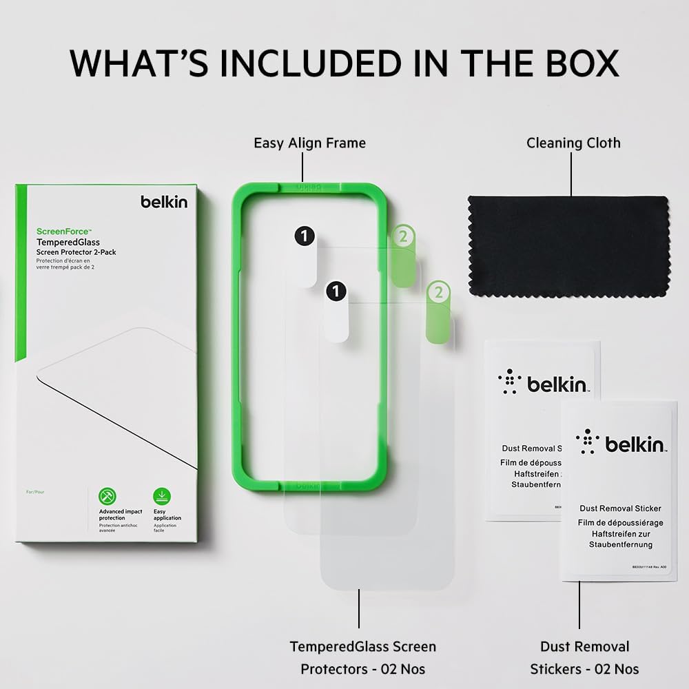 حماية شاشة زجاجية مقواة من Belkin (عبوة من 2) – متوافقة مع iPhone 14 Plus / 13 Pro Max، صلابة 9H، تركيب سهل وخالٍ من الفقاعات