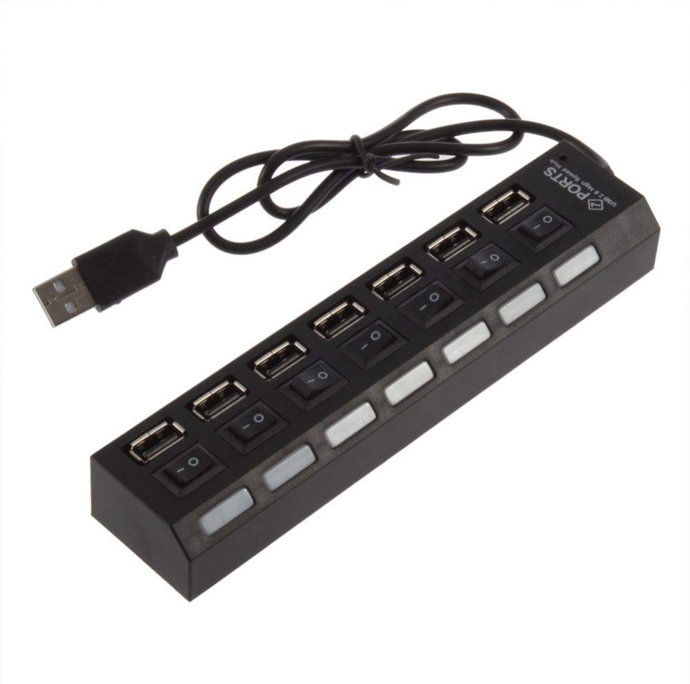 موزع USB بـ 7 منافذ 2.0 مع مفاتيح تشغيل وإضاءة LED – أسود متوافق مع الكمبيوتر واللابتوب.