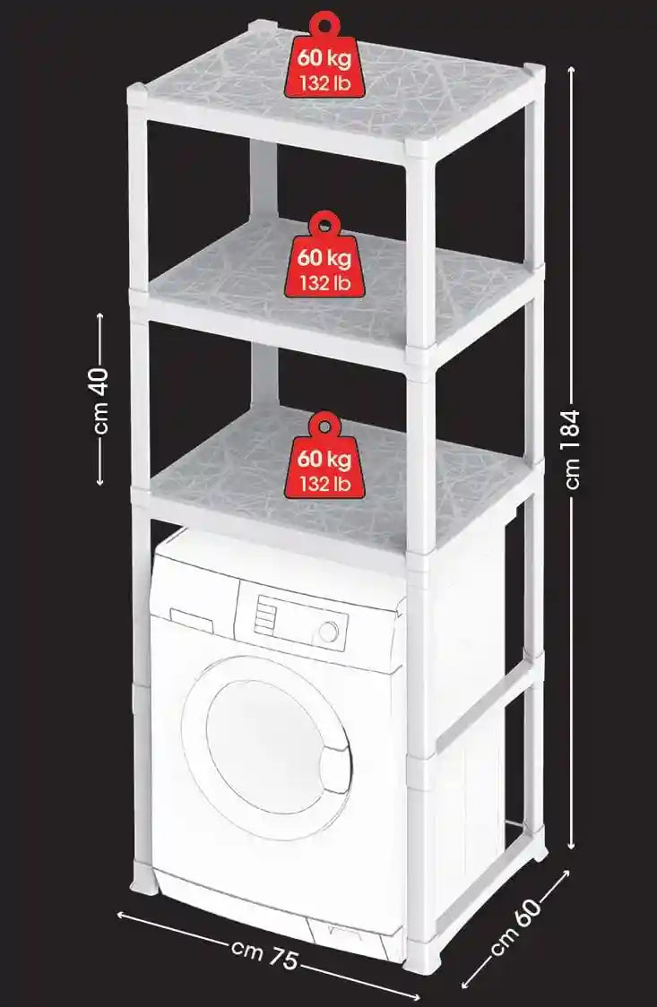 وحدة رفوف غسالة من باما، 3 أرفف، مقاس 75×60×184 سم مع مساحة للغسالة