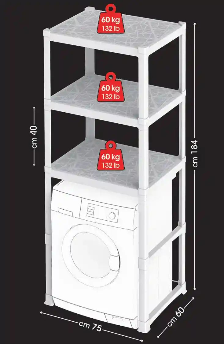 وحدة رفوف غسالة من باما، 3 أرفف، مقاس 75×60×184 سم مع مساحة للغسالة