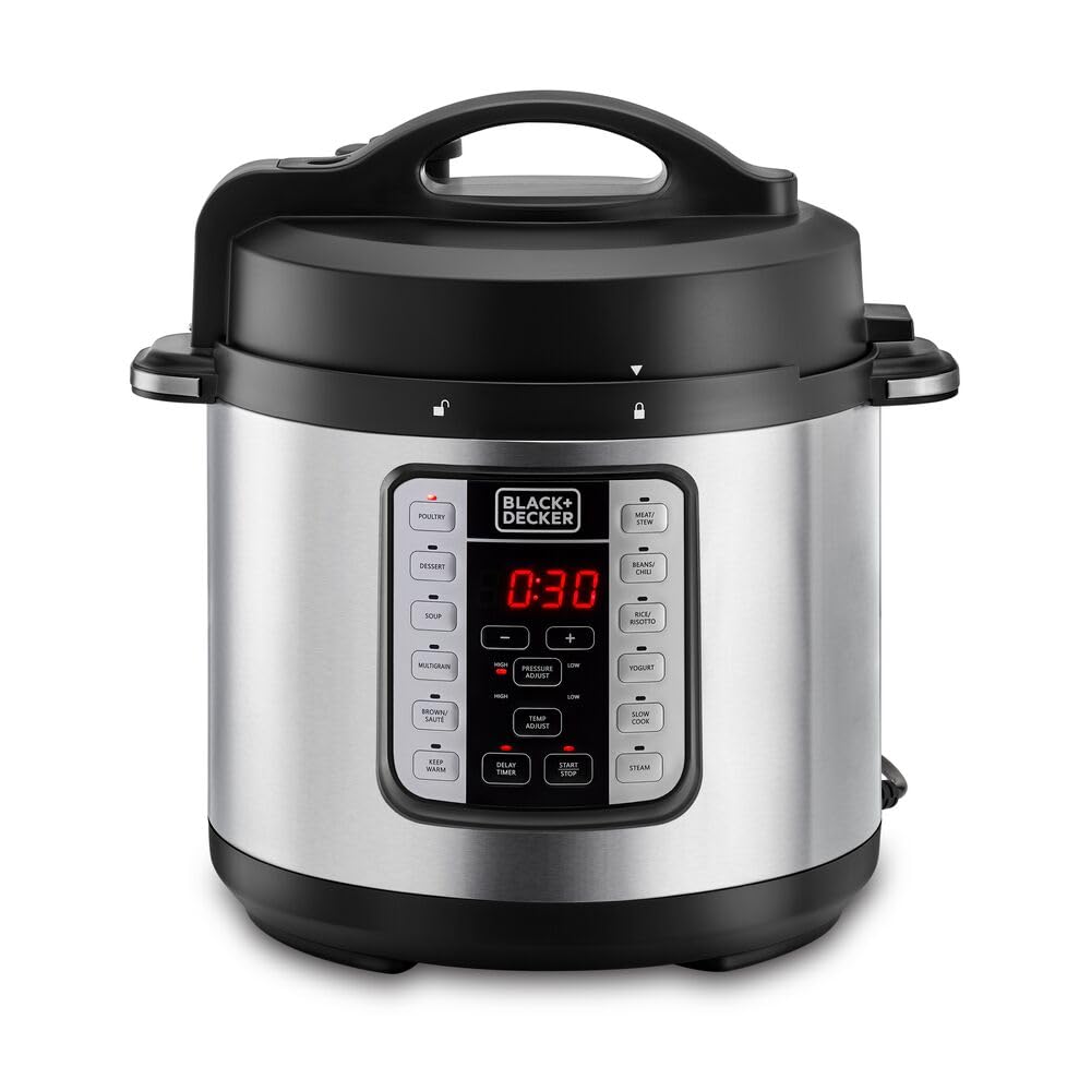Black&Decker 7-in-1 Smart Electric Pressure Cooker, 6L, 1000W – Programmable Multi-Cooker, Black/Silver – PCP1000-B5