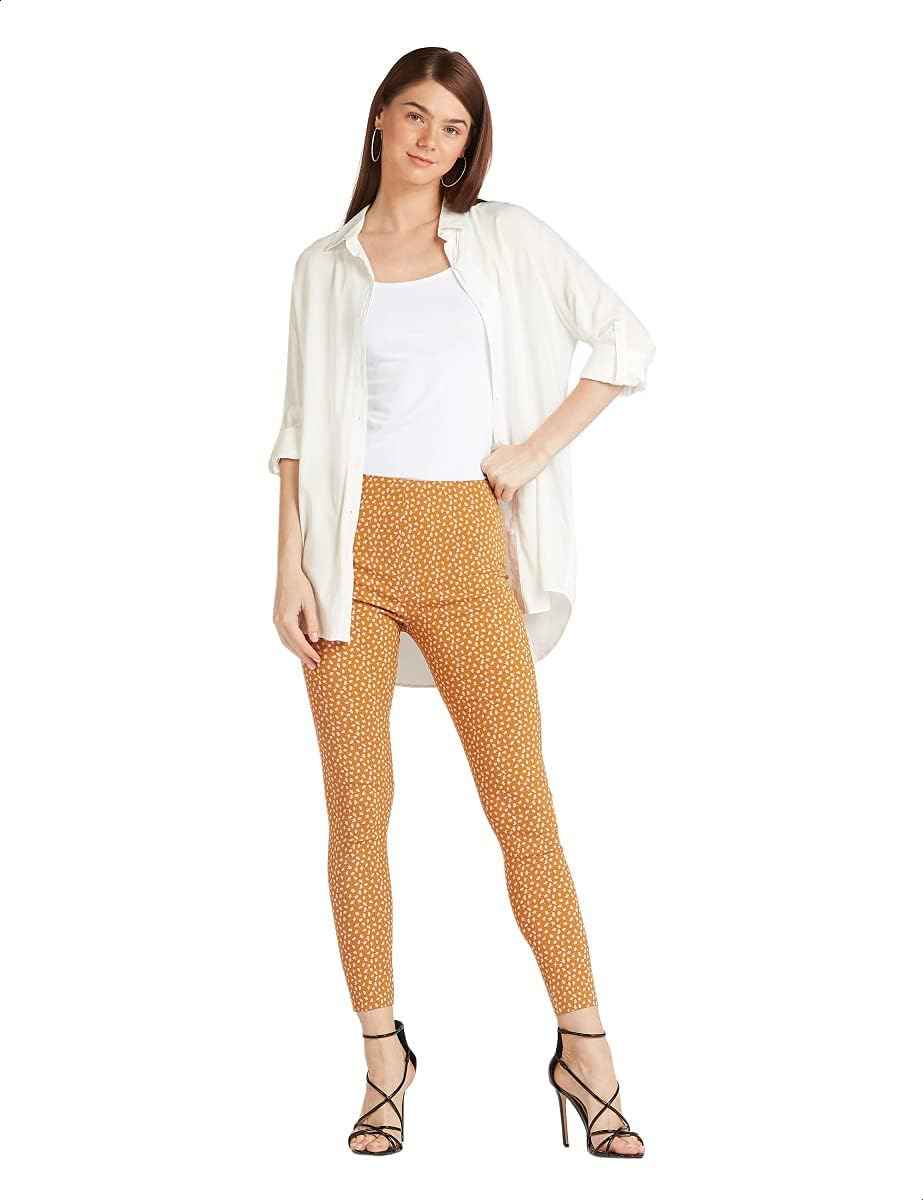 Splash Patterned High-Waist Slim-Fit Pants for Women - Yellow and Off White - Safqqa Egypt