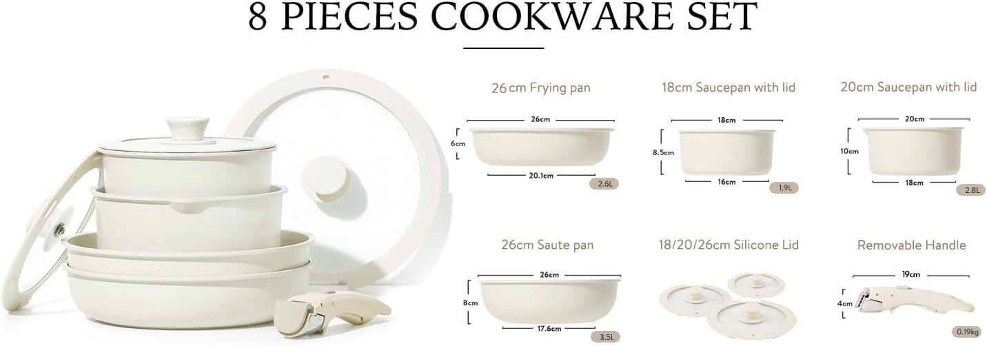 BPA® 8pcs Pots and Pans Set, Nonstick Cookware Set Detachable Handle, Induction Kitchen Cookware Sets Non Stick with Removable Handle