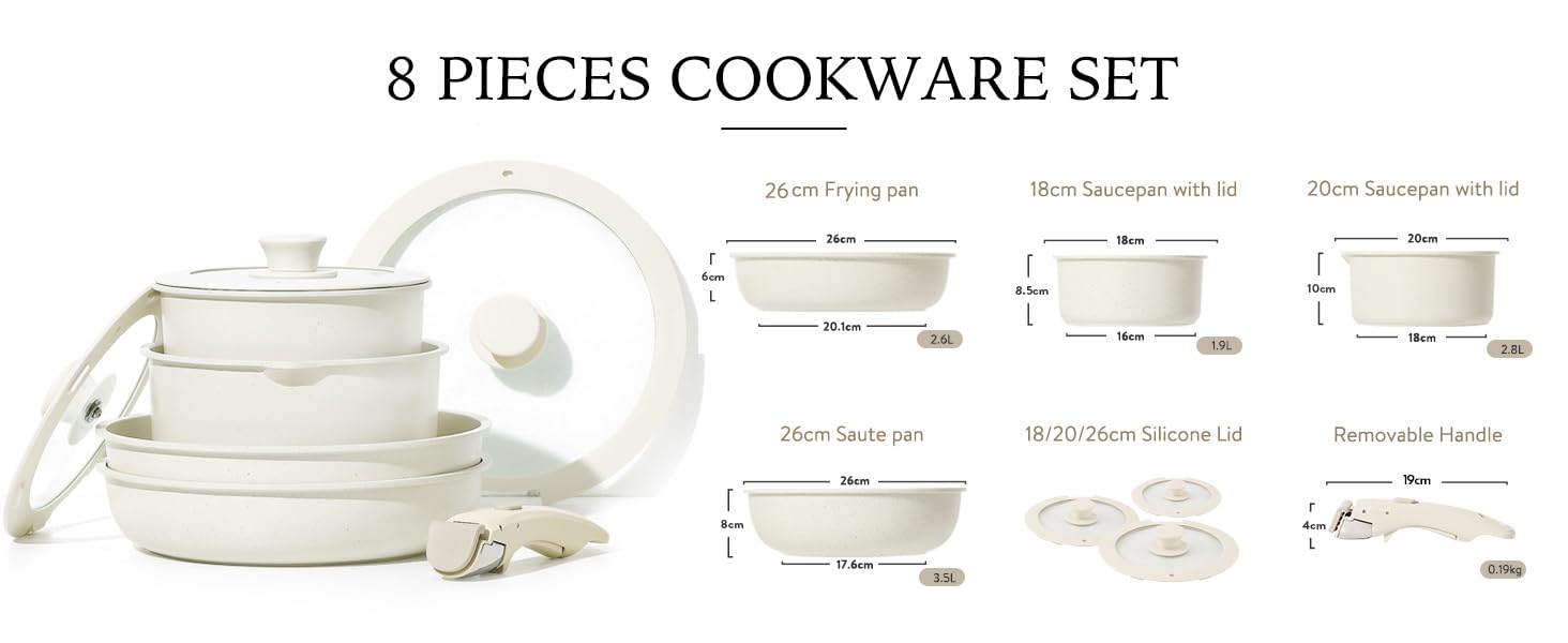 BPA® 8pcs Pots and Pans Set, Nonstick Cookware Set Detachable Handle, Induction Kitchen Cookware Sets Non Stick with Removable Handle
