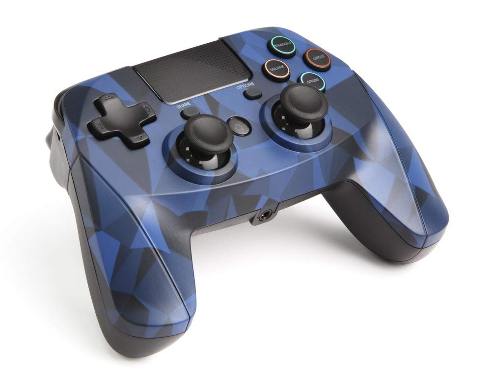 وحدة تحكم سلكية لاسلكية سنيك بايت للـ PS4 – خالية من التأخير، مدخل صوت 3.5 مم، مستشعرات حركة، اهتزاز مزدوج، 6 محاور، تصميم مريح، وظائف قابلة للبرمجة – تمويه أزرق
