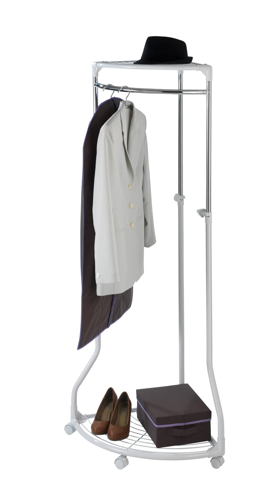 WENKO Coat Rack Freestanding, Clothes Hanger Stand for Entryway, Coat Rack with Shoe Storage, Adjustable Corner Coat Rack, White/Chrome, Holds up to 110lbs, 27.6 x 44-65.4 x 21.7 in