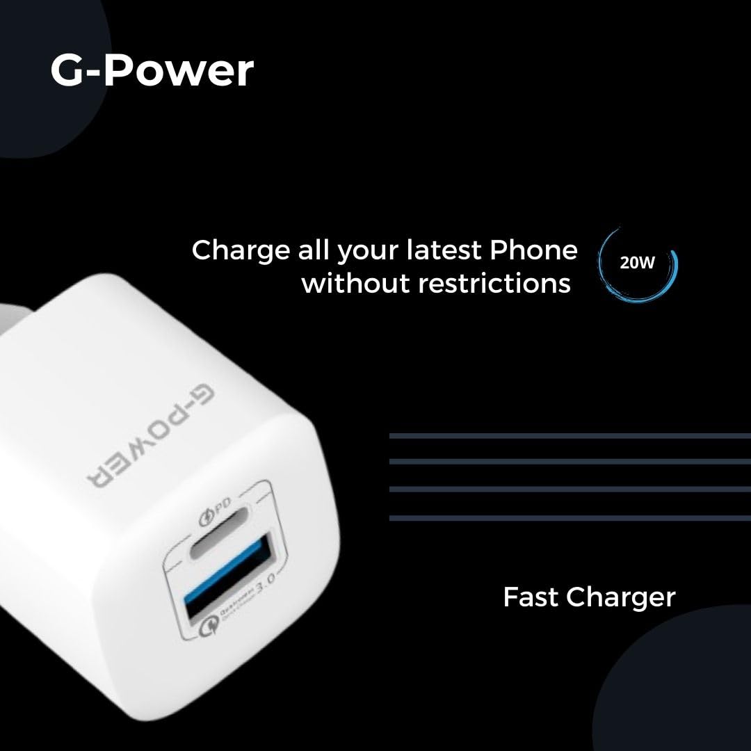 G-Power GP-C1 20W Dual USB Charger (USB-A and Usb-C) Qualcomm Quick Charge 3.0 Compatible with iPhone 14/14 Plus/14 Pro/14 Pro Max/13, Galaxy, Pixel 4/3, iPad/iPad - White