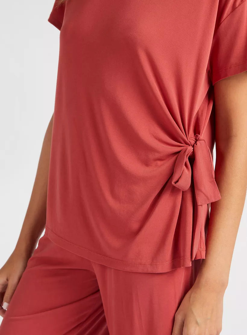 Solid Crew Neck T-shirt with Side Knot Detail