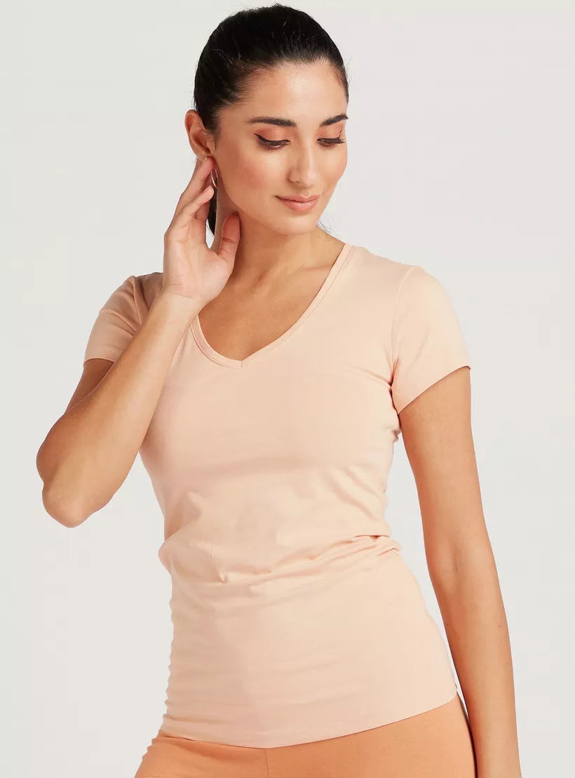 Solid V-neck T-shirt with Cap Sleeves - Safqqa Egypt