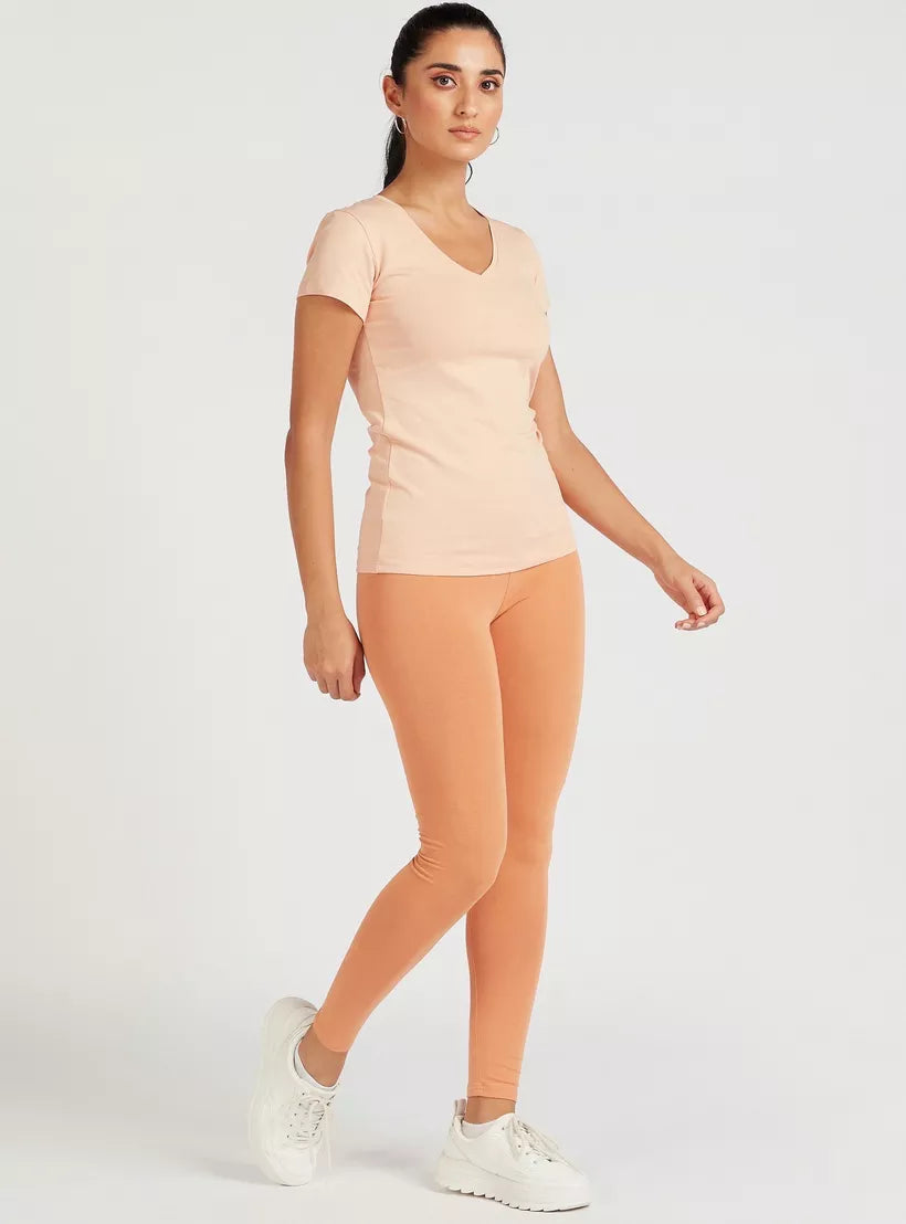 Solid V-neck T-shirt with Cap Sleeves - Safqqa Egypt