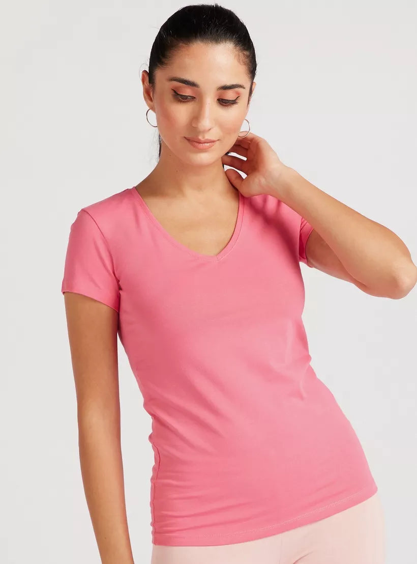 Plain T-shirt with V-neck and Short Sleeves - Safqqa Egypt