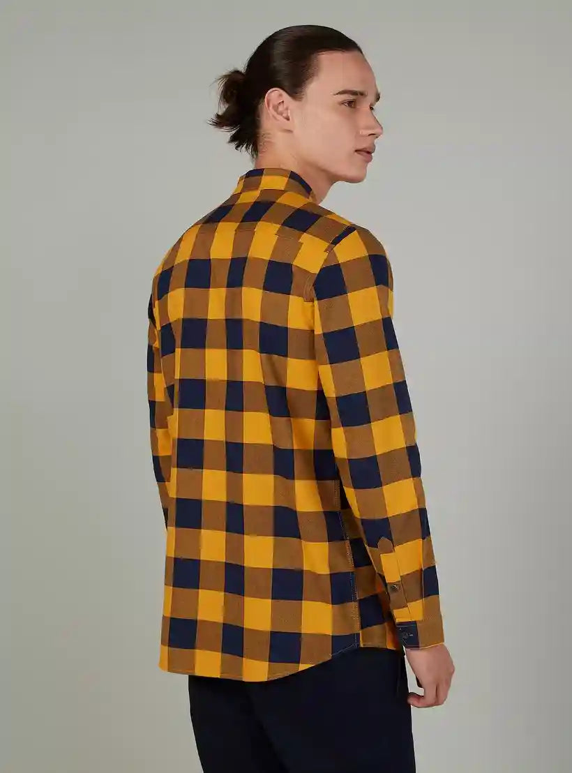 Slim Fit Chequered Shirt with Spread Collar and Long Sleeves