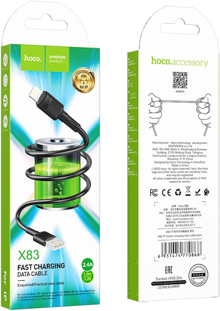 Hoco X83 - Victory Charging And Data Transmittion Cable (2.4A - 1M), USB-A To Lightning Plug, Compatible With Apple iPhone iPad Airpods