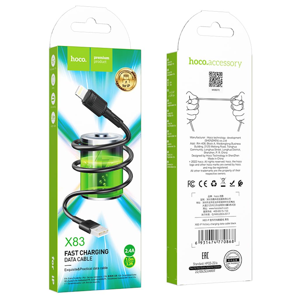 Hoco X83 - Victory Charging And Data Transmittion Cable (2.4A - 1M), USB-A To Lightning Plug, Compatible With Apple iPhone iPad Airpods