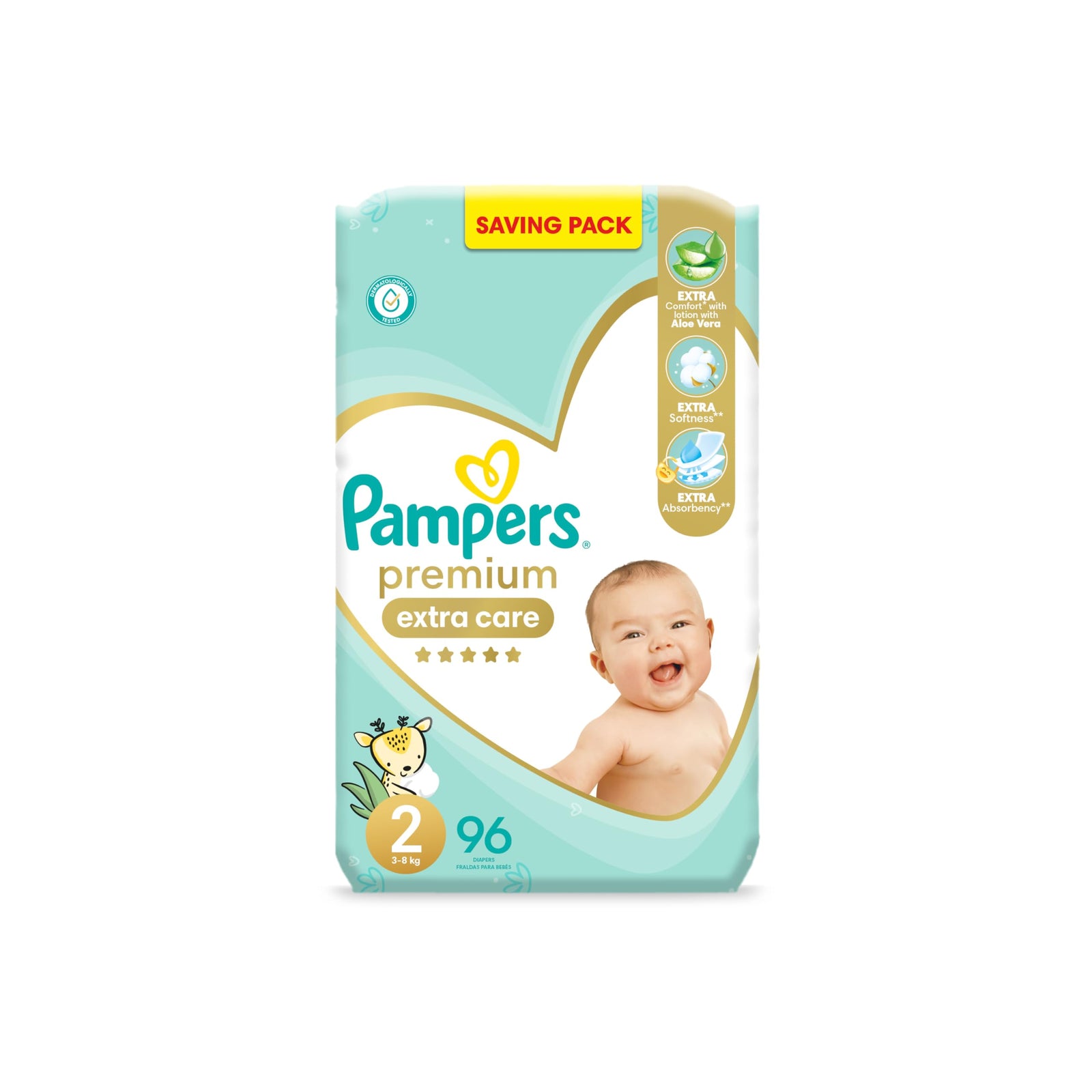 Pampers premium extra care diapers, size 2, 3-8 kg, with lotion with aloe vera, 96 baby diapers - Safqqa Egypt