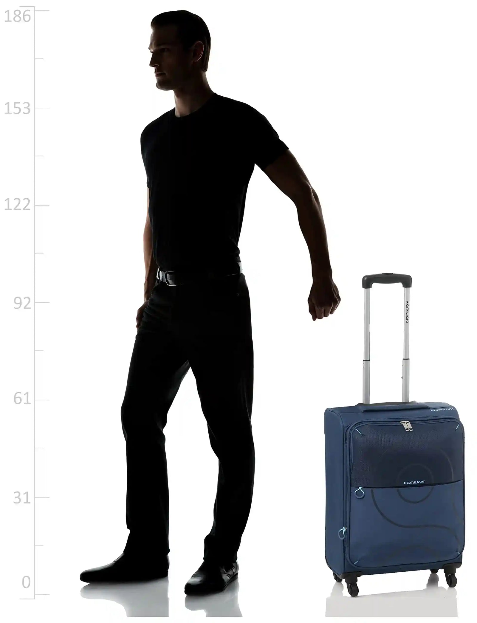 حقيبة سفر Kamiliant القابلة للسحب باللون الأزرق بمقاس ٥٥ سم، قطعة خفيفة الوزن ومتينة مصممة للراحة والأناقة أثناء السفر. مصنوعة من خامات عالية الجودة، تحتوي على عجلات دوارة ٣٦٠ درجة لتسهيل الحركة.