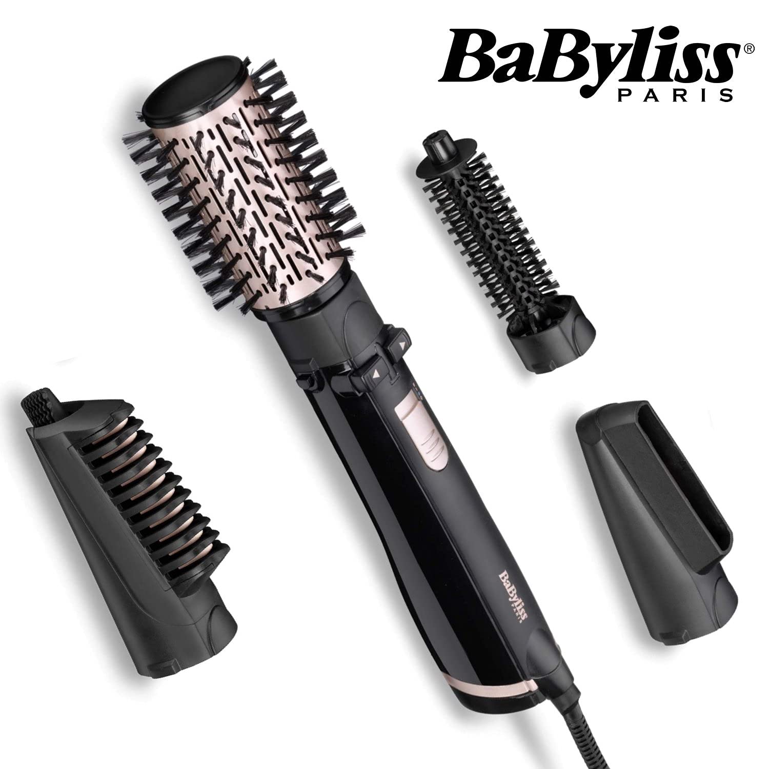 Babyliss AS200E Ionic Hair Styler Rotating Brush - 4 Attachments And Bag Black - 1000 Watts, International Warranty