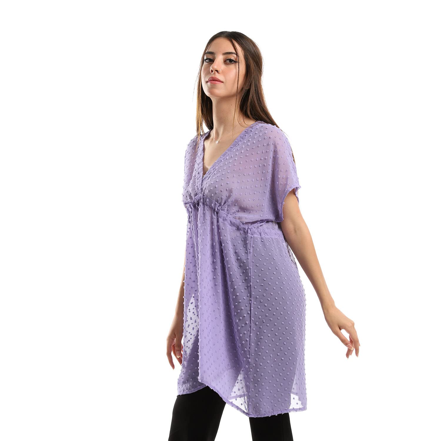 JAMILA Women Self Stitches Sheer Short Sleeves Blouse Shirt