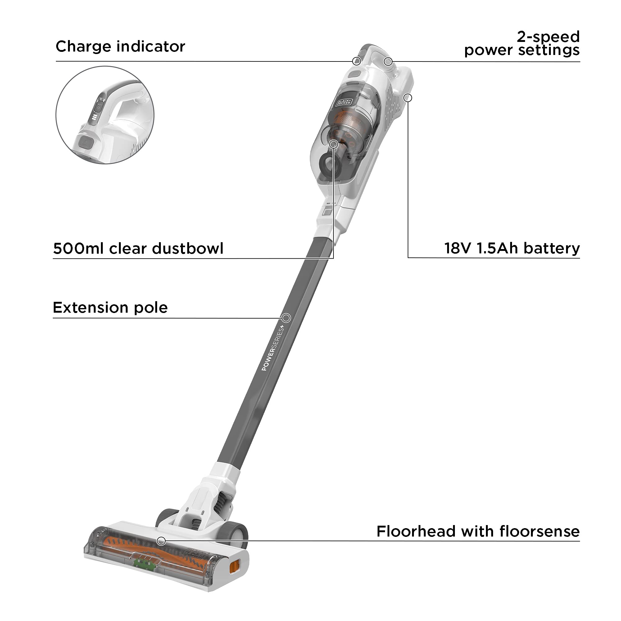 مكنسة لاسلكية عصا Black & Decker Powerseries+ – بطارية 18 فولت، 33 دقيقة تشغيل، سرعتان، بكرة تنظيف