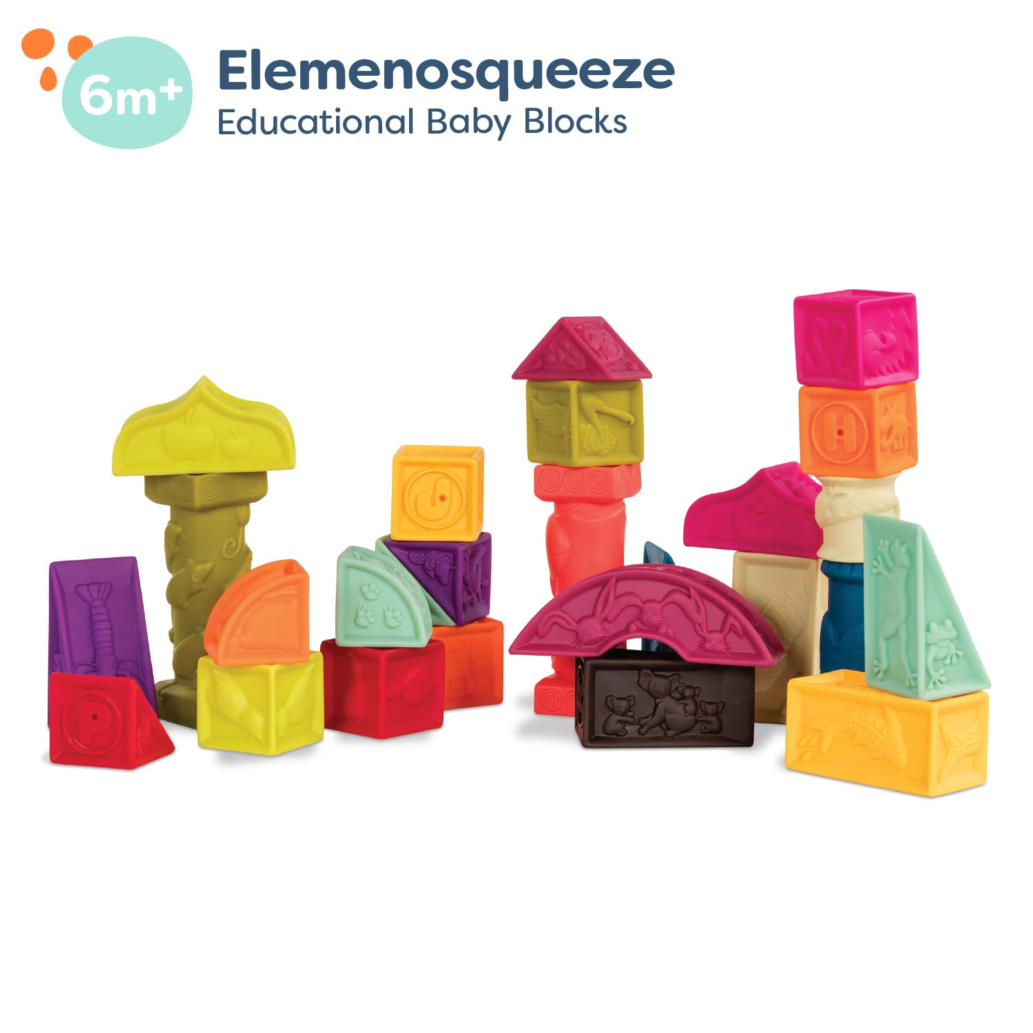 B. toys - elemenosqueeze baby blocks - 26 stacking blocks with shapes numbers, animals & textures - bpa free soft blocks for babies 6m+ (26-pcs)
