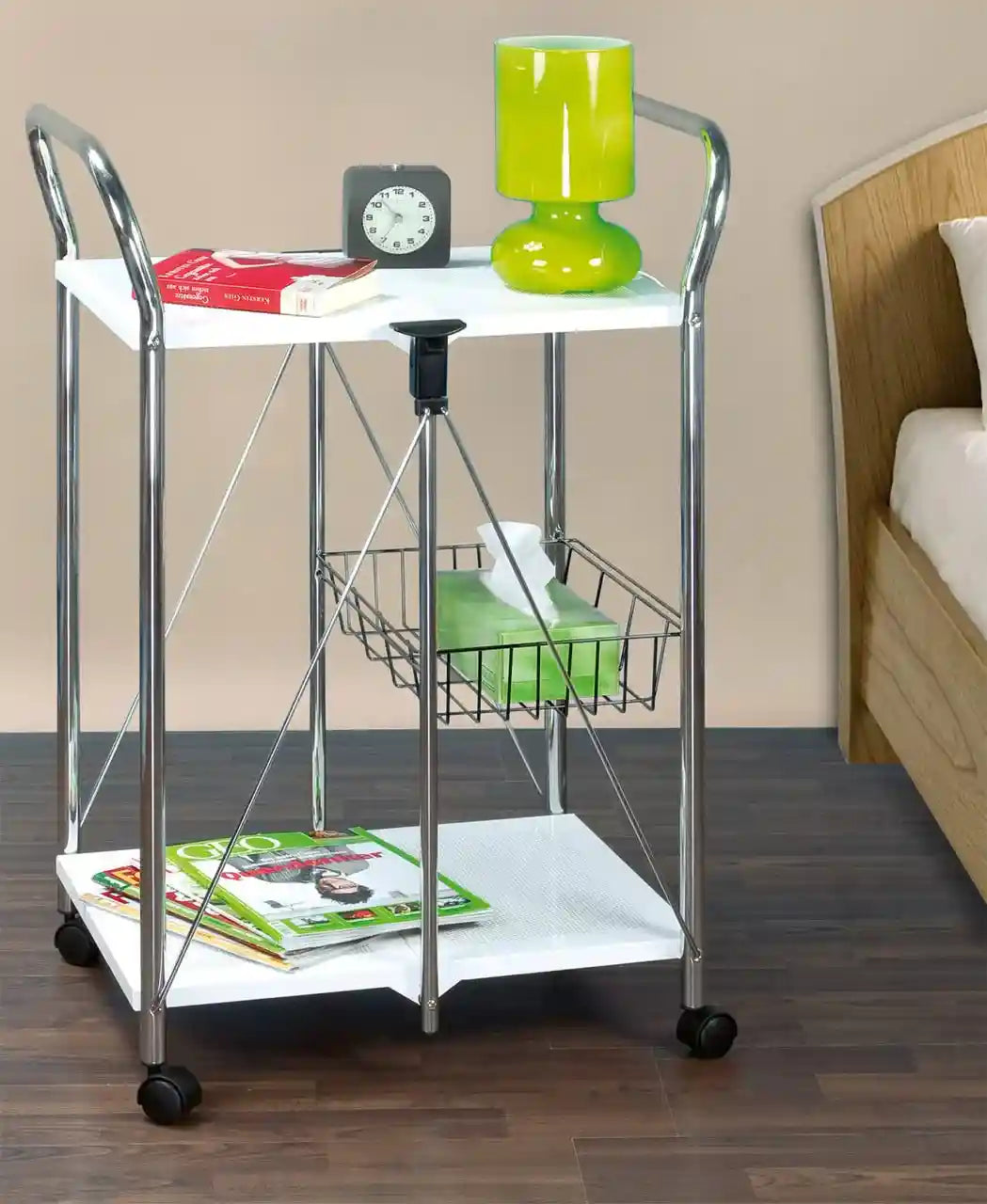 WENKO Sunny Kitchen and Utility Trolley, Powder-Coated Metal, Household and Kitchen Utensil Storage, Portable & Foldable Tray, 56.5x90.5x44cm, White - Safqqa Egypt