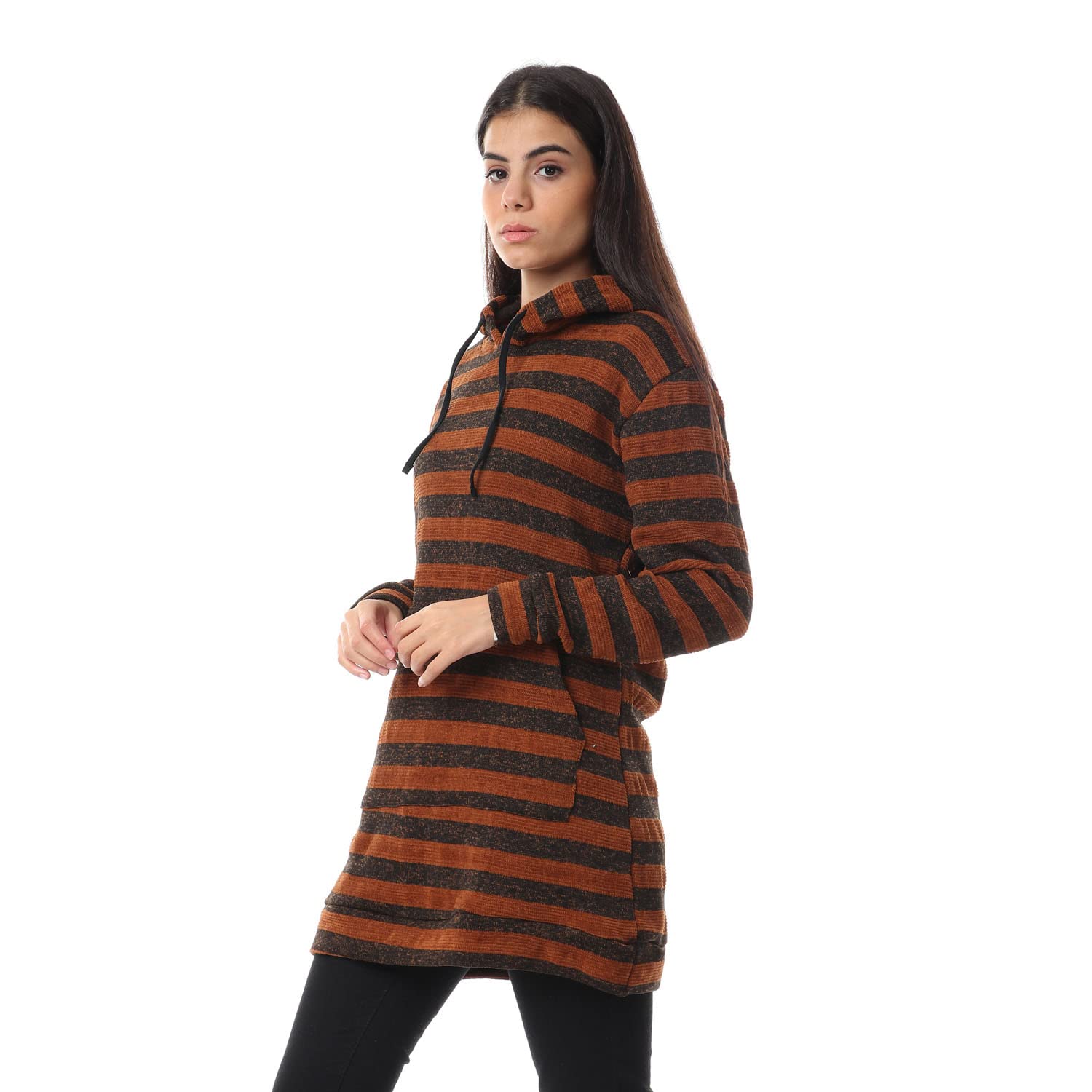 kady womens Bi-Tone Striped Long Hoodie Bi-Tone Striped Long Hoodie