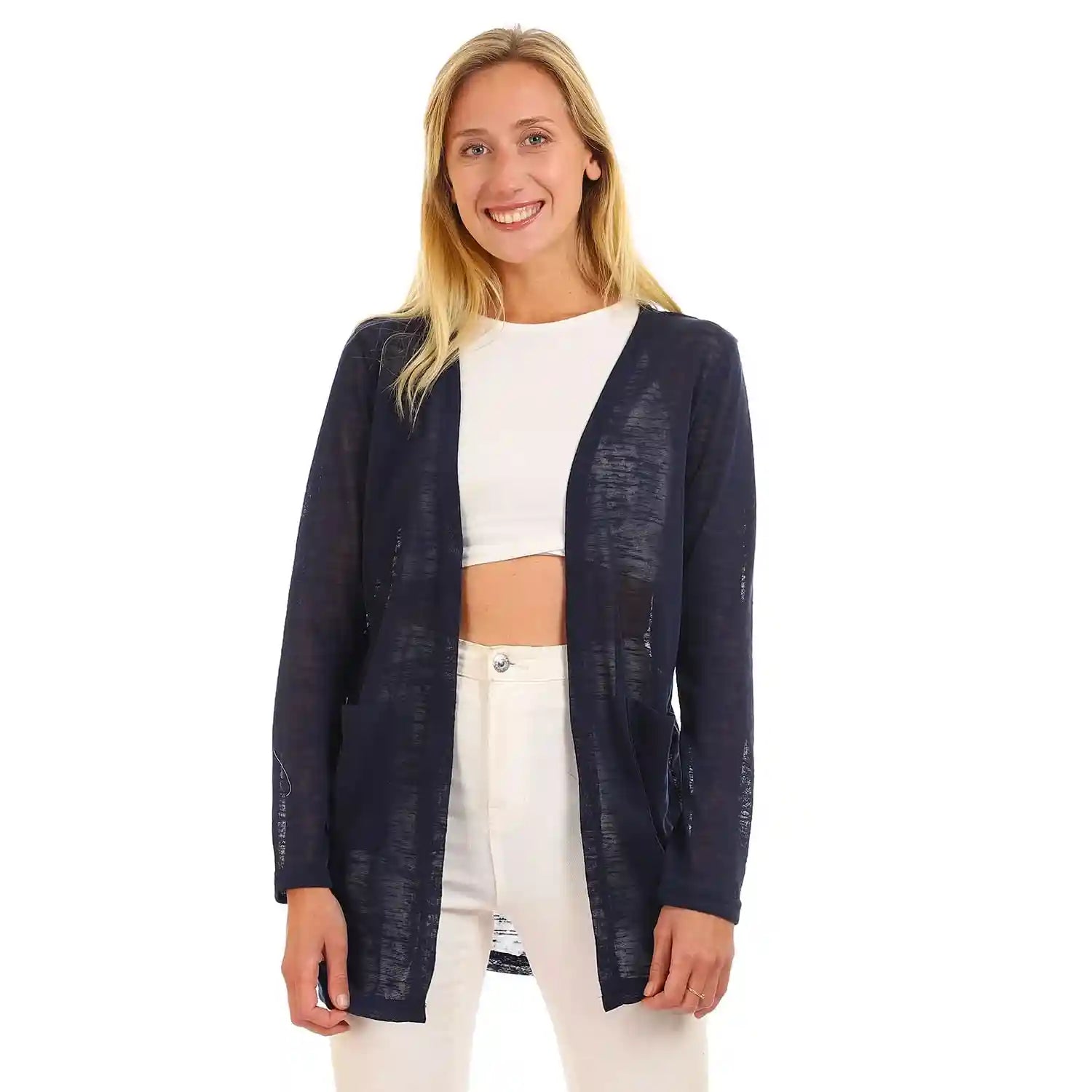 Jamila Side Pockets Open Neckline Cardigan For Women,Side pockets for added convenience and practicality.
