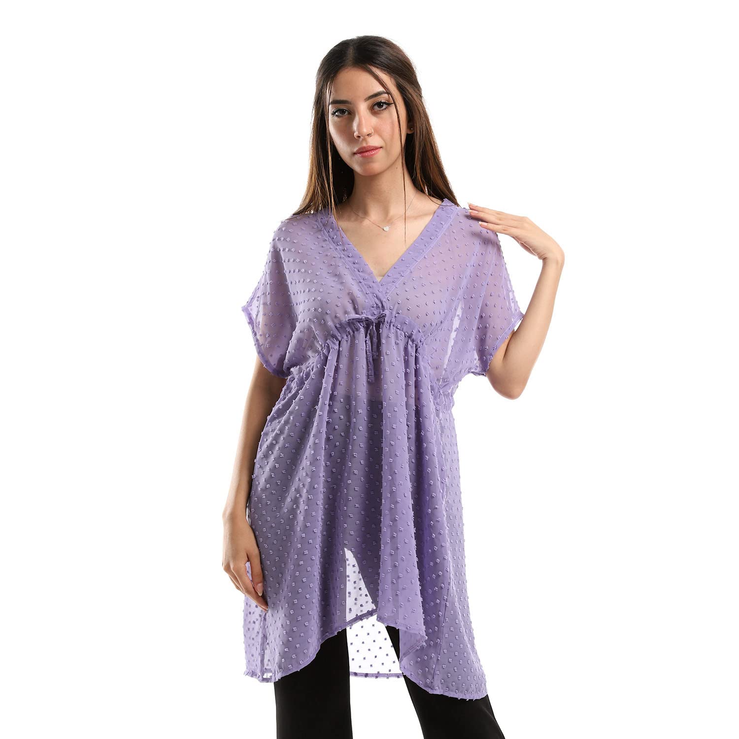 JAMILA Women Self Stitches Sheer Short Sleeves Blouse Shirt