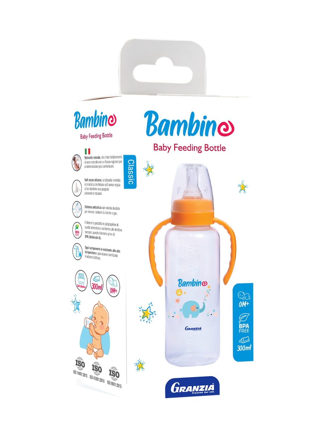 رضّاعة الأطفال Granzia Bambino Classic مع يدين (سعة 300 مل – لون برتقالي) مصممة لتوفير الراحة والأمان أثناء تغذية الطفل. مصنوعة من مواد عالية الجودة وخالية من مادة الـBPA لضمان السلامة والنظافة