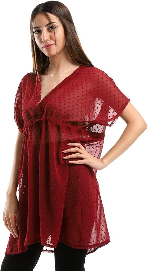 JAMILA Women Self Stitches Sheer Short Sleeves Blouse Shirt
