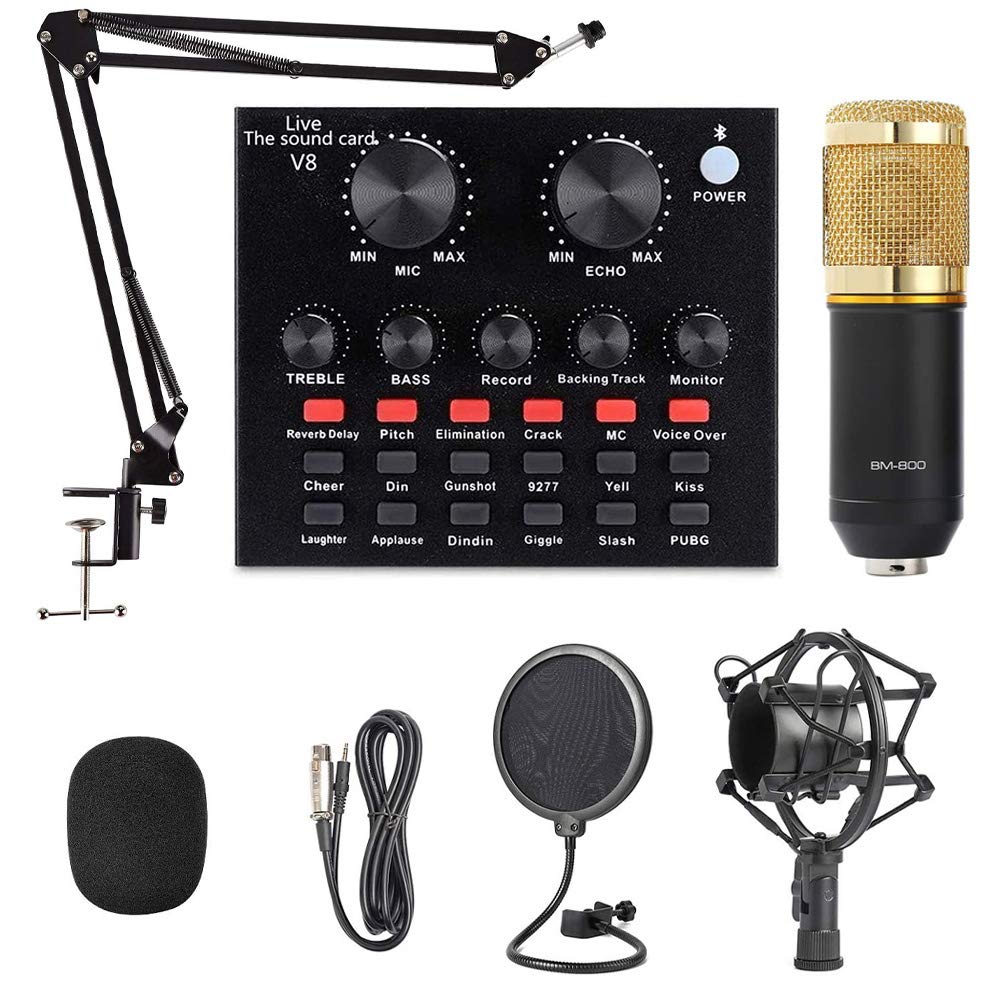 مجموعة ميكروفون BM-800 طقم مايك مع كارت صوت V8 مكثف وميكسر دي جي ذراع متقاطع للميكروفون قابل للتعديل مثبت عازل للصدمات معدني وفلتر بوب مزدوج الطبقة لتسجيل الاستوديو والبث بلوتوث ذهبي من اكس كيس