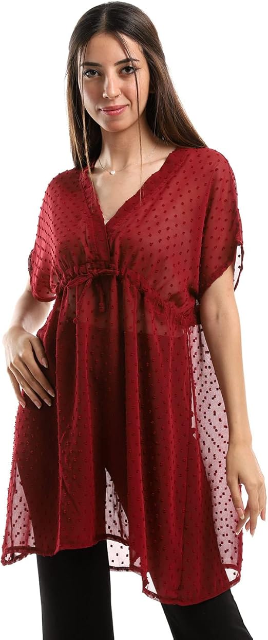 JAMILA Women Self Stitches Sheer Short Sleeves Blouse Shirt